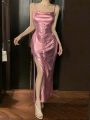 DAZY Metallic Fabric Spaghetti Strap Party Dress