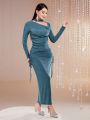 SHEIN Modely Drawstring Waist Design Long Sleeve Bodycon Dress