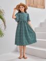 SHEIN Kids CHARMNG Tween Girl's Stand Collar Bubble Sleeve Floral Dress With Button Detail