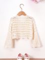 Little Girls' Knitted Button Front Cardigan With Hollow Out Design