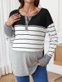 SHEIN Maternity Striped Button Placket Half-open T-shirt
