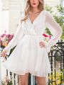 SHEIN Frenchy Women Elegant And Romantic White Swiss Dot Dress With Ruffled Neckline And Puffed Sleeves For Valentine's Day, New Year, And Christmas