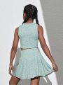 SHEIN Tween Girl Cross Back Vest & Anti-Lighting Short, Skirt & Leopard Print Set (With Pockets)