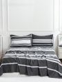 4pcs Bedding Set For Home Use, 4-piece Set (2 Pillowcases, 1 Fitted Sheet, 1 Flat Sheet), Suitable For All Seasons, Black/white Stripe Pattern, Full/queen Size