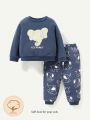 Cozy Cub Boys' Baby Elephant Cartoon Printed Pants And Thin Sweater Two-Piece Set With Raglan Sleeves