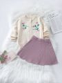 SHEIN Kids Nujoom Young Girl Floral Embroidery Cardigan & Knit Skirt