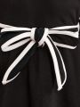 SHEIN Kids CHARMNG Girls' Round Neck Sunflower Print Detachable Belt Colorblock Swing Dress