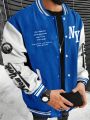 Extended Sizes Men's Plus Size College Style Jacket With Slogan Print And Color Block Design