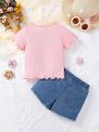 Young Girl Cute 3d Floral Short Sleeve Top And Ripped Denim Shorts 2 Piece Set