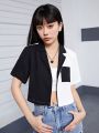 Y2k-Inspired Short Cropped Color Block Shirt With Turn-Down Collar For Teen Girls