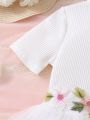 SHEIN Kids FANZEY Tween Girls' Elegant And Sweet Knit Splice Mesh Embroidered Flowers Decor Back Tie Dress