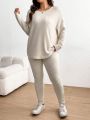 SHEIN Frenchy Plus Size Drop Shoulder Ribbed Knit T-Shirt And Leggings Set