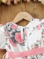 SHEIN Kids FANZEY Girls' Elegant Printed Puff Sleeve Dress With Pleated Hem And Waist Belt