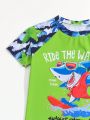 Tween Boys' Raglan Sleeve Colorblock Round Neck Shark Print Swimwear, Two Piece Separated Swimsuit With Placement Print