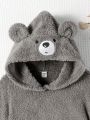 SHEIN Teen Girls' Solid Color Double-sided Flannel Hoodie Sweatshirt With Bear Embroidery