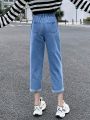 Teenage Girl's Vintage Pleated High Waist Academy Style Comfortable Light Blue Cone-Shaped Seven-Point Jeans