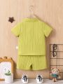 Baby Boys' Casual Texture Button-Down Shirt And Shorts Set, Fashionable And Versatile