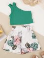 SHEIN Kids EVRYDAY Young Girl's Lovely Off-Shoulder Green Top & Paper Bag Waist Romantic Floral Shorts Set