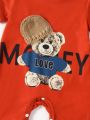 Baby Boys' Casual Urban Style Short Jumpsuit Printed With Cute Bear Cartoon And Letters