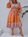 SHEIN VCAY Plus Size Women's Floral Print Lantern Sleeve Dress