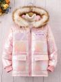 SHEIN Kids EVRYDAY Tween Girl Holographic Flap Pocket Fuzzy Trim Hooded Puffer Coat Without Sweater