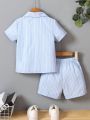SHEIN Kids EVRYDAY Young Boy's Textured Stripe Short Sleeve Shirt And Shorts Set, Casual Beach Style For Summer