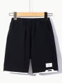 SHEIN Kids EVRYDAY Boys' Loose Casual Knitted Woven Patched 2 In 1 Shorts