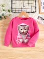 Toddler Girls' Casual Long Sleeve Round Neck Sweatshirt With Cartoon Cat Pattern, Suitable For Autumn And Winter
