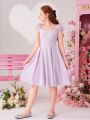 SHEIN Teen Girl Knitted Solid Color Patchwork Floral Cutout Holiday Dress