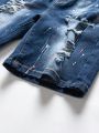 Tween Boy's Jeans Shorts, New Casual Fashion Distressed Design With Paint Splatters, Ripped Water-Washed Denim Shorts