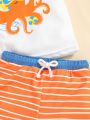 SHEIN Baby Boy Color Block Cartoon Octopus Pattern Short Sleeve Tee With Raglan Sleeves And Casual Shorts Swimwear 2pcs/Set