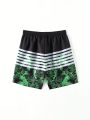 Teen Boys' Tropical Plant Printed Drawstring Waist Beach Shorts With Patchwork