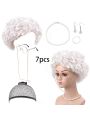 7pcs/set Cos White Gray Short Curly Hair Wig Headgear For Old Lady Costume, Halloween