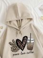 Plus Size Loose Fit Hoodie With Drop Shoulder, Drawstring, Warm Inner Lining And Alphabet & Heart Print