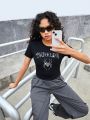 Teen Girls' Knitted Rhinestone Spider And Letter Pattern Short Sleeve T-Shirt