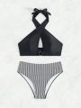 SHEIN Swim Vcay Solid Halter Top And Striped Bottom Swimwear Set