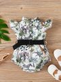 Infant Girls' Stylish Vacation Style Turn Down Collar Animal & Plant Print Jumpsuit With Belt, Vintage Simple Design For Spring And Summer