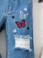 Baby Girls' Wide Leg Butterfly Embroidered Loose Fit Jeans With Distressed Details