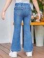 SHEIN Young Girl Elasticity Slim Fit Water Wash Soft & Comfortable Denim Bell Bottom Pants For Casual Wear