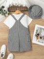 SHEIN Kids FANZEY Young Boy Round Neck Short Sleeve T-Shirt And Gingham Suspenders Jumpsuit Shorts 2pcs/Set