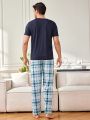 Men's Letter Print Short Sleeve T-Shirt And Plaid Pants Homewear Set