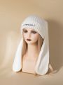 1pc Women's White Long Rabbit Ear Folded Hem Knit Hat, Fun Knitting Beanie With Increased Thickness For Warmth, Suitable For Autumn And Winter Parties