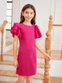 SHEIN Kids EVRYDAY Girls' Casual Round Neck Ruffle Short Sleeve Dress For Daily Wear