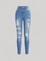 SHEIN Teen Girls' Casual Mid-Rise Skinny Ripped Jeans