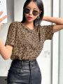 DAZY Leopard Print Loose Fit Short Sleeve Women's T-Shirt With Round Neckline