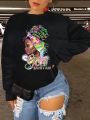 Plus Size Character Letter Printed Sweatshirt With Round Neckline