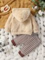 Baby Boy Cartoon Embroidered Plush Hoodie And Striped Pants Set