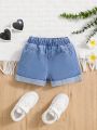 SHEIN SHEIN Baby Girl Elastic Waist Ruffle Spring Summer  Boho Trimmed Soft Washed Denim Shorts, Comfortable And Fashionable  Jeans Shorts