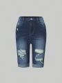 Tween Girls' Basic Casual Stretchy Skinny Shorts With Dark Blue Wash, Distressing And Ripped Details