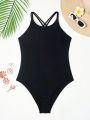 Teen Girls' Solid Color Back Crossed Straps Cami One-Piece Swimsuit